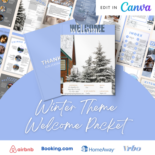 Editable Canva Airbnb Welcome Packet with a Winter Theme -VRBO Welcome Book Template for Canva, Vacation Rental Welcome Book Template